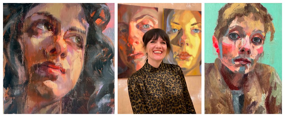 Images of Sara Reeve with some of her paintings from the Elements exhibition